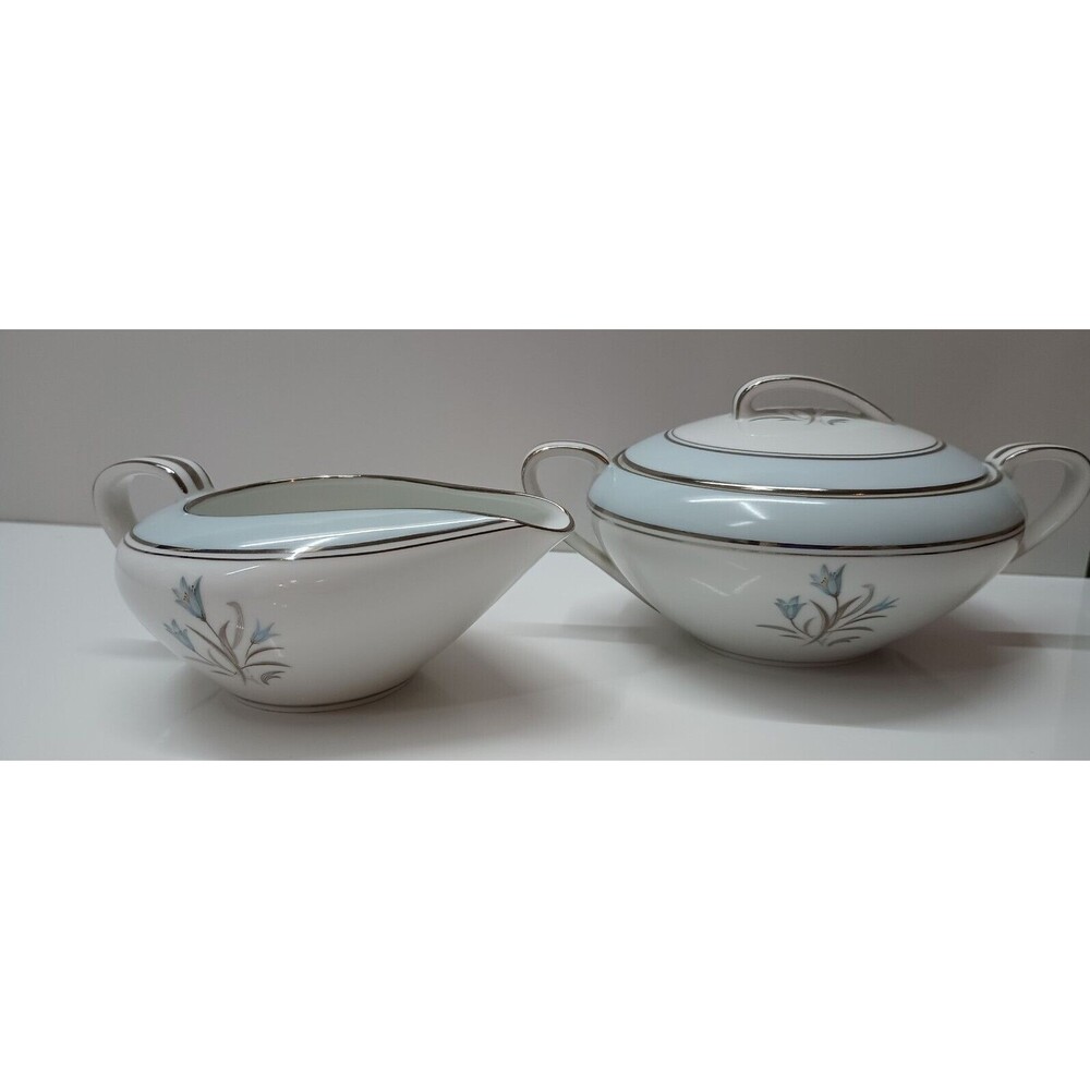 Noritake Bluebell Creamer Sugar Bowl w/ Lid 5558 Floral Platinum Silver Rim MCM